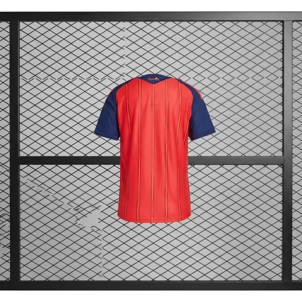 Vista trasera camiseta España fondo rejilla